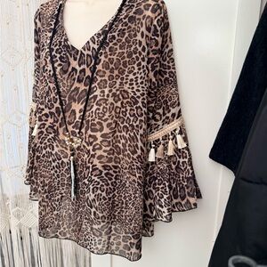 Leopard Print V-Neck Sheer Tunic Top - Brown